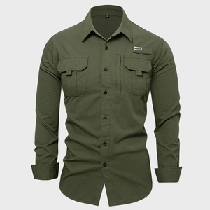 Men Cotton Long Sleeve Shirt Solid Color Multi Pocket Workwear Cargo Tactical Casual Button Down Tops US Size Outwear