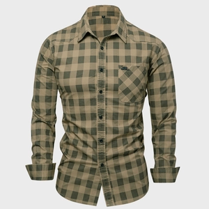 Men's olive plaid long sleeve cotton work shirt with chest pocket and embroidery