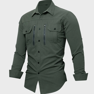 Detail of army green tactical outdoor shirt featuring functional zipper and flap pockets