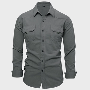 Men's dark grey long-sleeve cotton cargo shirt with dual flap pockets and turn-down collar