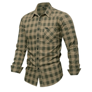 Men's plaid long-sleeve cotton cargo shirt in olive and khaki with pocket and embroidery