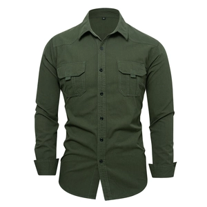 Men's army green long sleeve cotton tactical shirt with contrast stitching and chest pockets