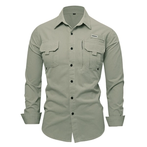 Olive green tactical long sleeve cotton cargo shirt with multiple pockets on white background