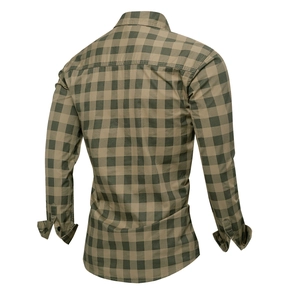 Back view of a long-sleeve cotton plaid work shirt with green and tan checkered pattern