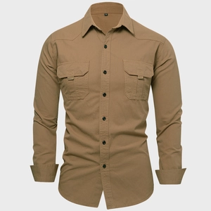 Detail shot of khaki workwear cotton shirt showing chest pockets and collar size label