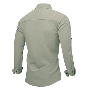 Back view of men's solid 100% cotton long sleeve cargo shirt in light sage green