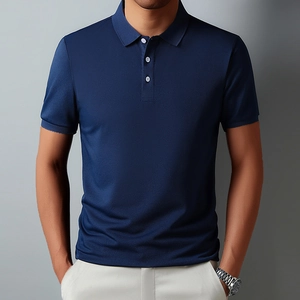 Slim fit men's navy blue short sleeve polo shirt with breathable piqué cotton fabric