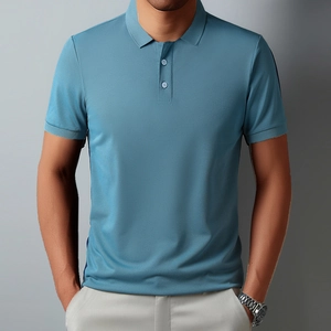 Detail of grey-blue short sleeve polo shirt showing breathable fabric texture and collar
