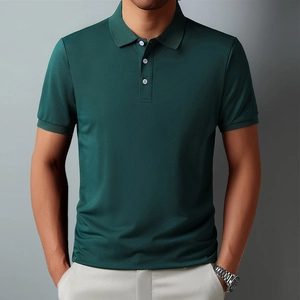 Detailed view of dark green short-sleeve polo shirt with three-button placket for men