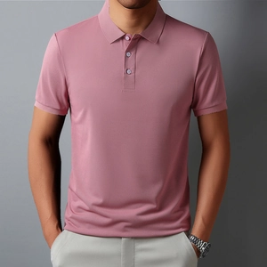 Detail view of the premium dusty rose polo shirt fabric and three-button placket for men