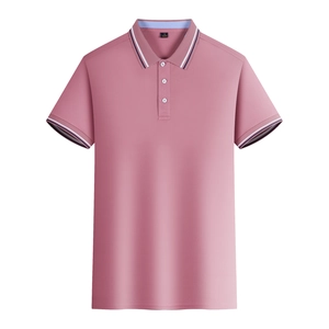 Detailed macro view of the striped collar and pique fabric texture of the pink polo shirt