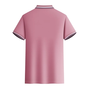 Back view of a dusty rose men's polo shirt with striped collar and sleeve details