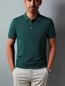Men Business Casual Polo Shirt Short Sleeve Turn-down Collar Solid Color Breathable Pique Fabric Office Leisure Top