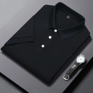 Close-up of black pique polo shirt collar with three white buttons and size L label