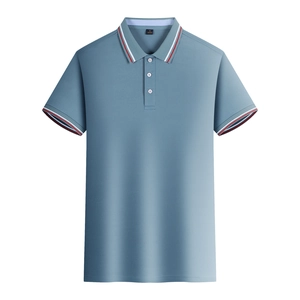 Men's breathable blue short-sleeve polo shirt with red and white striped collar detail