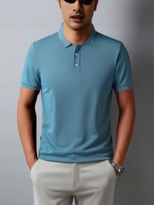 Classic men's short sleeve polo shirt in fog blue with breathable knit fabric and three buttons
