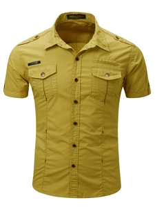 Men's mustard yellow short sleeve cotton tactical cargo shirt with double pockets