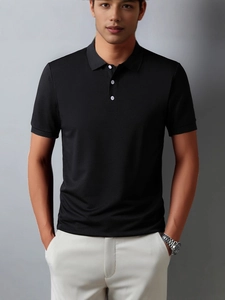 Classic men's short sleeve black polo shirt with white buttons for business casual style