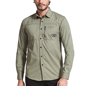 Camicia Cargo da Uomo in 100% Cotone a Manica Lunga Casual con Tasca con Cerniera e Ricamo Abbigliamento Outdoor alla Moda