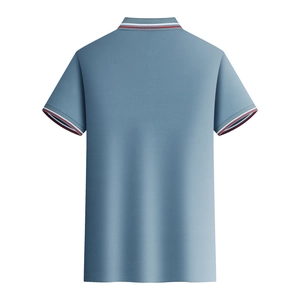 Detail of piqué cotton fabric on back of fog blue polo shirt with striped collar trim