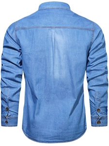 Back view of men's long sleeve denim shirt with vintage cotton workwear style and yellow seams