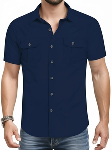 Men's navy blue short sleeve cotton shirt with classic collar and double chest pockets