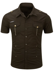 Men's dark brown short sleeve military cotton cargo shirt with double pockets