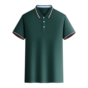 Close-up of dark green polo shirt collar with red and white stripes and size label