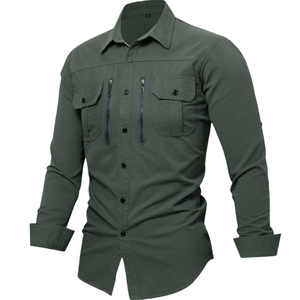 Army green long sleeve tactical work shirt for men featuring zipper pockets and durable cotton
