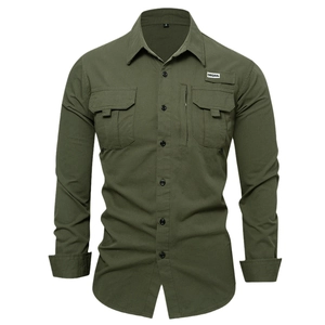 Men's olive green 100% cotton long sleeve cargo shirt with twin chest pockets and slim fit