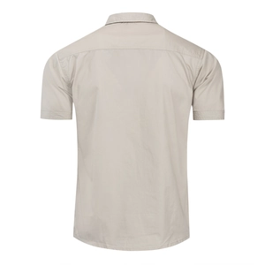 Rear view of men's short-sleeved cotton shirt with clean horizontal yoke in khaki