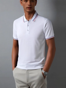 Classic white men's short-sleeved polo shirt with striped collar and sleeve details