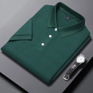 Macro shot of dark green piqué cotton polo shirt texture and three-button collar detail