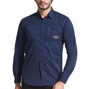 Camicia da uomo blu navy a maniche lunghe slim fit con tasca a zip e stampe grafiche