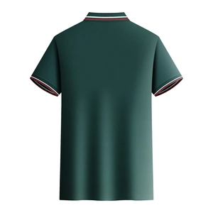 Back view of dark green men's Polo shirt featuring red, white, and blue striped cuffs