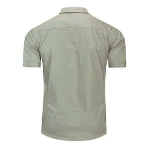 Rear view of men's military cotton shirt in olive green with reinforced stitching details