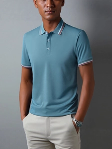 Teal men's short-sleeve polo shirt featuring red and white striped knit collar and cuffs