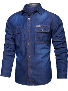 Men's vintage long sleeve denim work shirt in deep blue cotton with double chest pockets