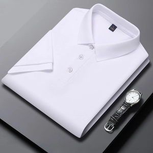 Detail shot of the white cotton Polo shirt collar with size label L and three buttons