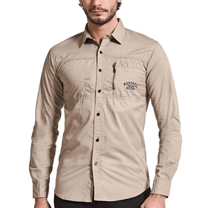 Camicia da uomo in cotone kaki a maniche lunghe con tasca a zip e stampa vintage retrò