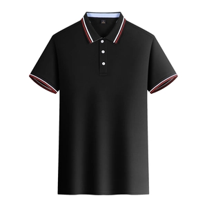 Detail of black polo shirt collar with red and white stripes and three-button placket
