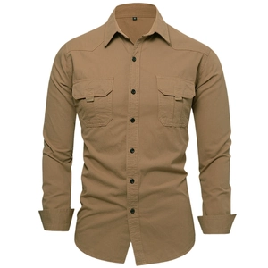 Men's khaki long sleeve 100% cotton utility work shirt with dual chest flap pockets