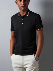 Men's black business casual Polo shirt with striped collar and sleeve detail