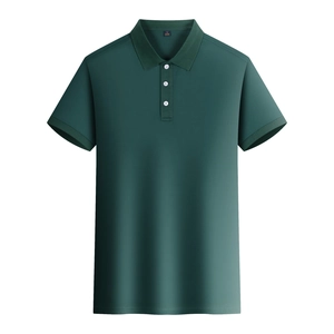 Men's dark green business casual polo shirt with breathable fabric and ribbed cuffs