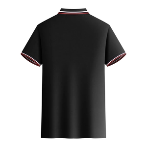 Back view of a black men's Polo shirt with red, white, and blue striped collar and cuffs