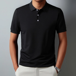 Close-up of black polo shirt collar with three buttons and piqué knit fabric texture