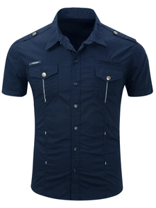Men's navy blue short sleeve military work shirt with epaulets and dual chest pockets