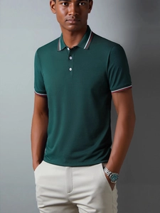 Men's dark green short-sleeve polo shirt with contrast striped collar and white buttons