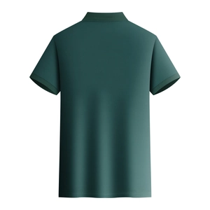 Rear view of dark green men's polo shirt with ribbed collar and high-quality texture