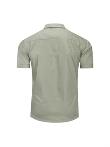Men's military style cotton short sleeve shirt in olive green shown from the back